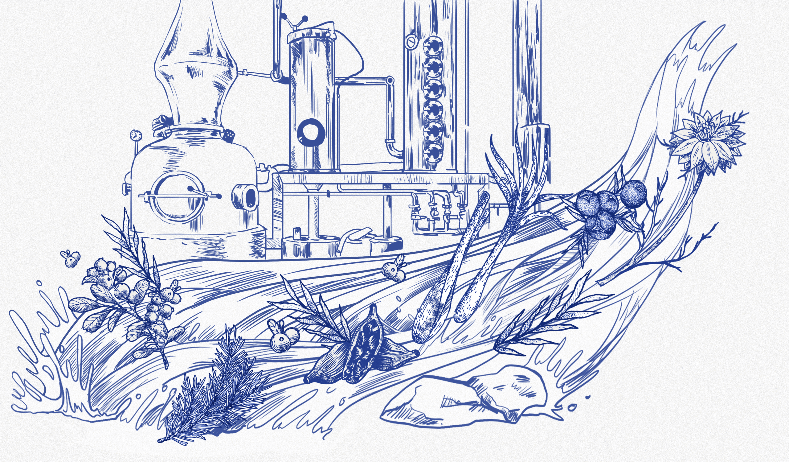 Spirit of the Cascade Gin craftsmanship illustrated with copper still and key botanicals